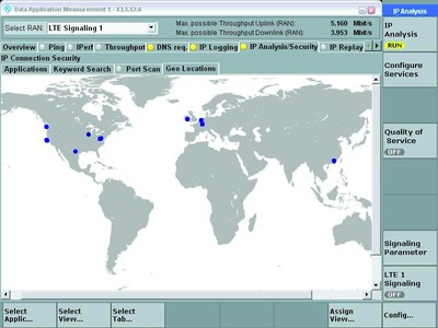 Screenshot from the CMW500 showing a world map with dots locating origin of internet signals