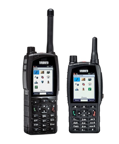 Sepura SC20 and SC21 handheld two-way radios standing side by side