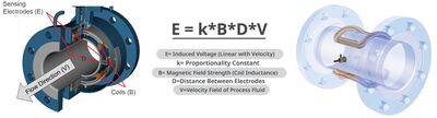 Figure 2: A magnetic flow meter measures the velocity of a conductive liquid as it moves between fixed magnetic coils in a lined pipe. The voltage across the electrodes is directly proportional to fluid velocity.