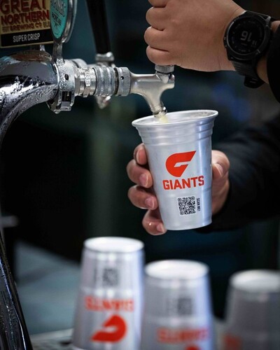 GWS Giants reusable cups from WOSUP at ENGIE Stadium, Sydney